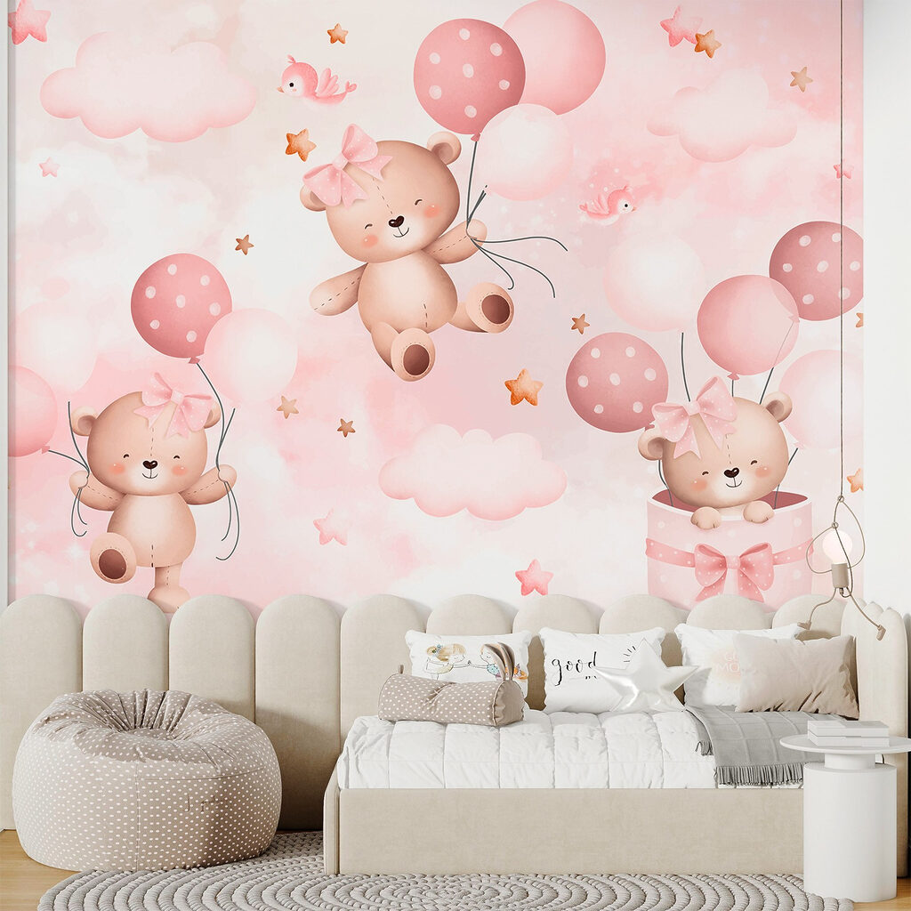 Groep teddyberen die ballonnen vasthouden in een interieur
