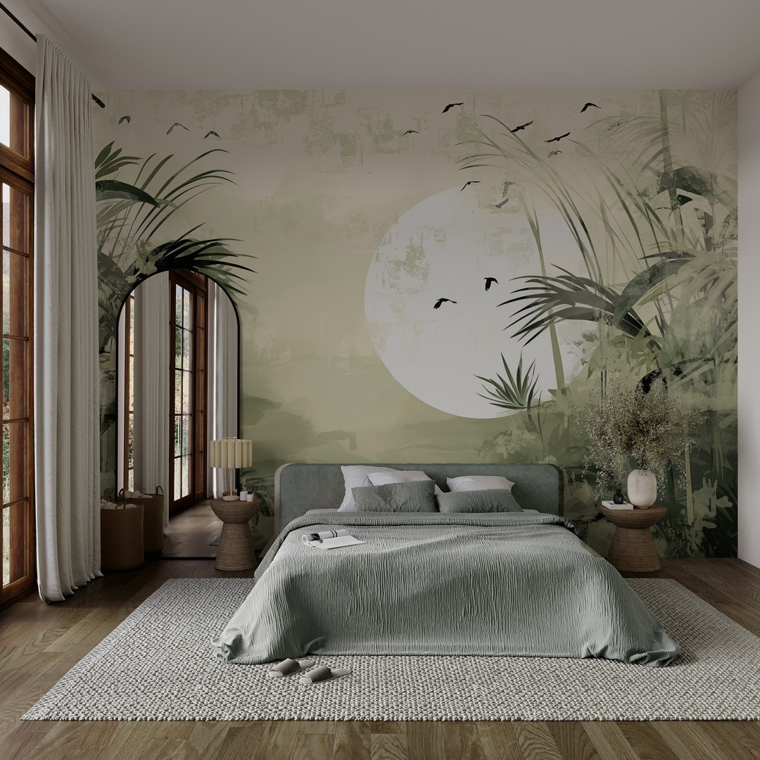 Schilderij van een tropisch bos in een interieur