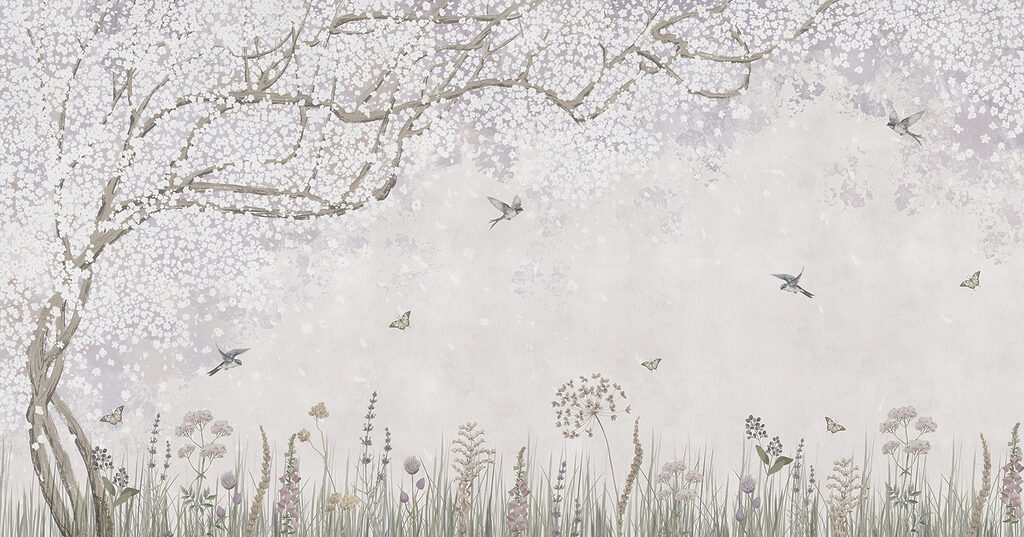 Vogels langs een bloesemboom — volledig ontwerp