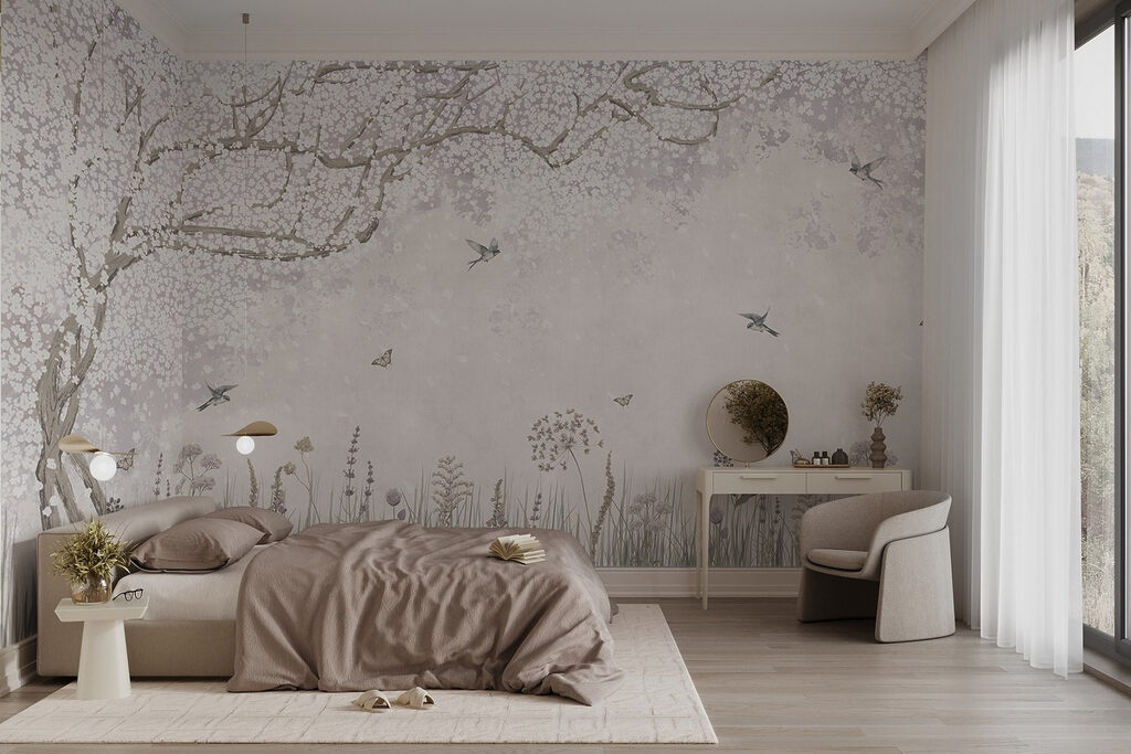 Vogels langs een bloesemboom — interieur 1