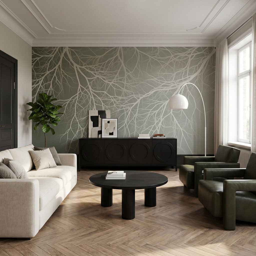 Witte takken op saliegroen — interieur 1