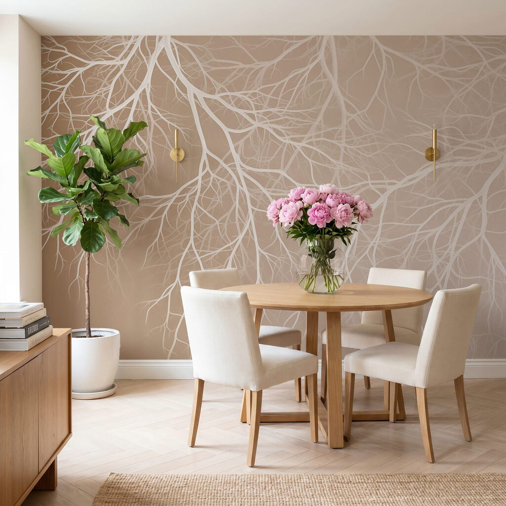 Witte takken op een beige achtergrond in een interieur