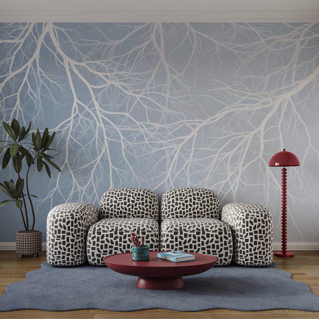 Witte takken hangen neer — interieur 1