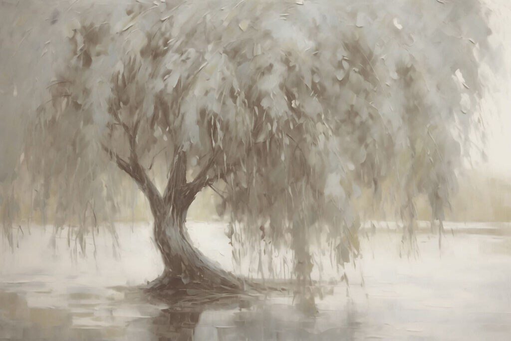Treurboom langs stil water — volledig ontwerp