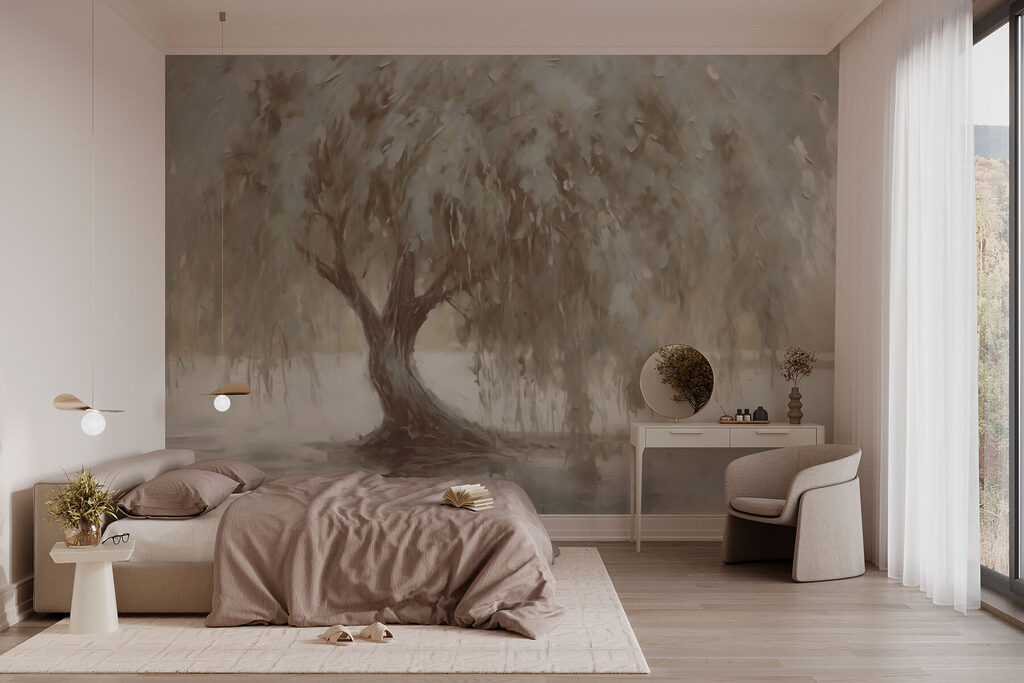 Treurboom langs stil water — interieur 2