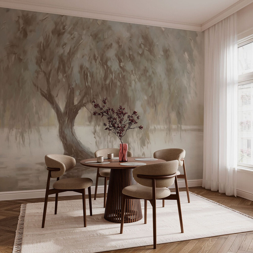 Treurboom langs stil water — interieur 3