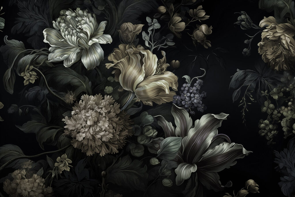 Donkere bloemen in oudgroen — volledig ontwerp