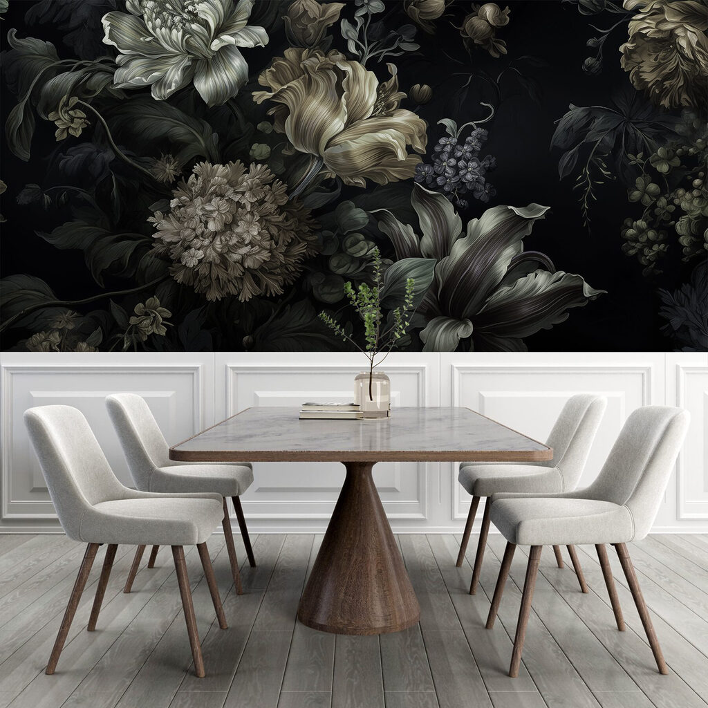 Schilderij van bloemen op zwarte achtergrond in een interieur
