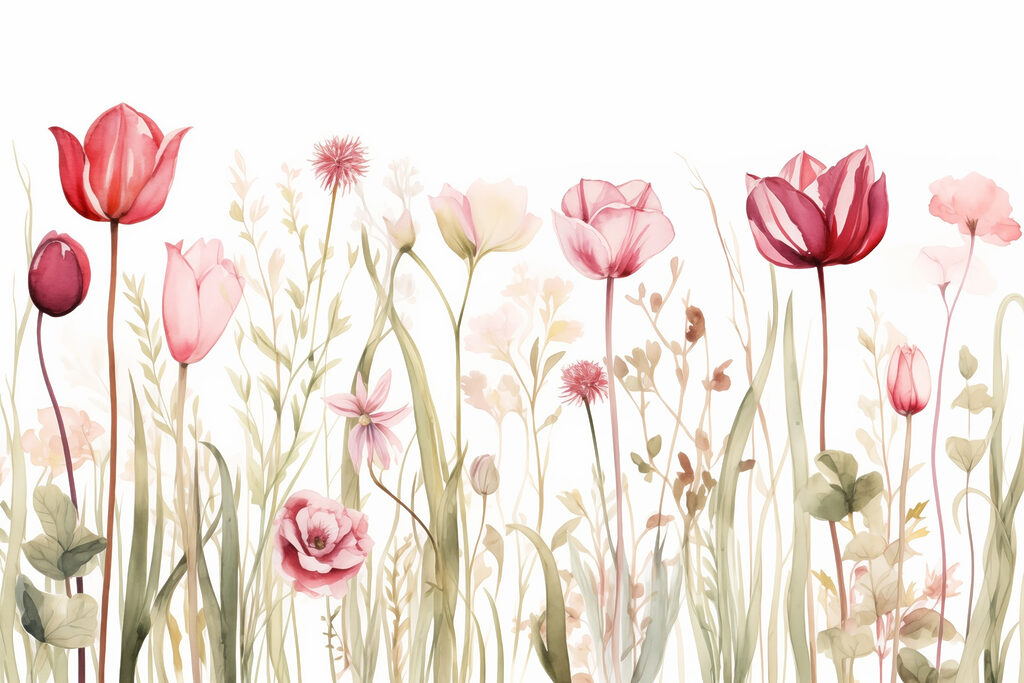 Roze tulpen tussen veldbloemen — volledig ontwerp