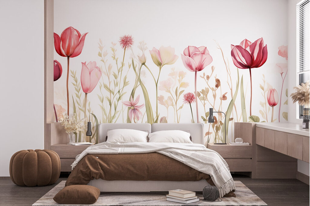 Roze tulpen tussen veldbloemen — interieur 1