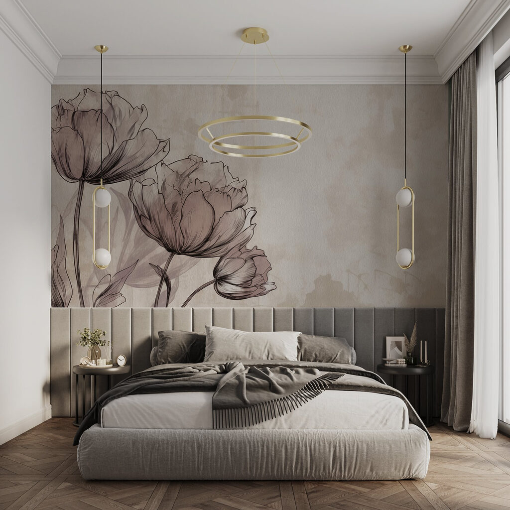 Tekening van bloemen op een witte achtergrond in een interieur