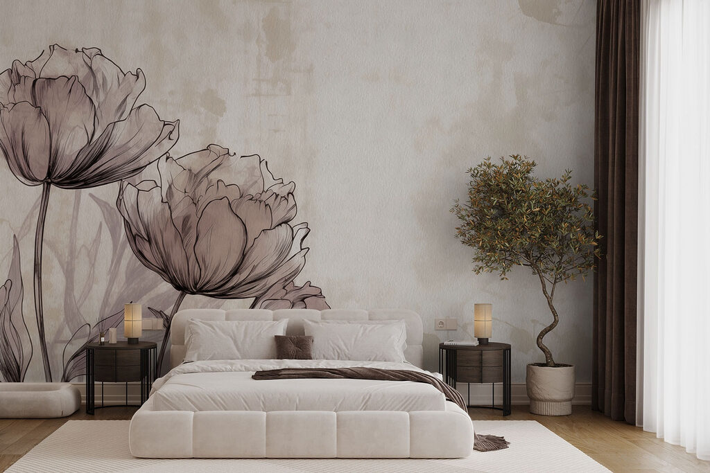 Bloemlijnen op verweerd beige — interieur 2