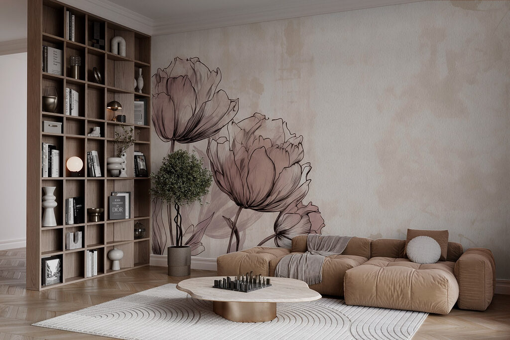 Bloemlijnen op verweerd beige — interieur 3