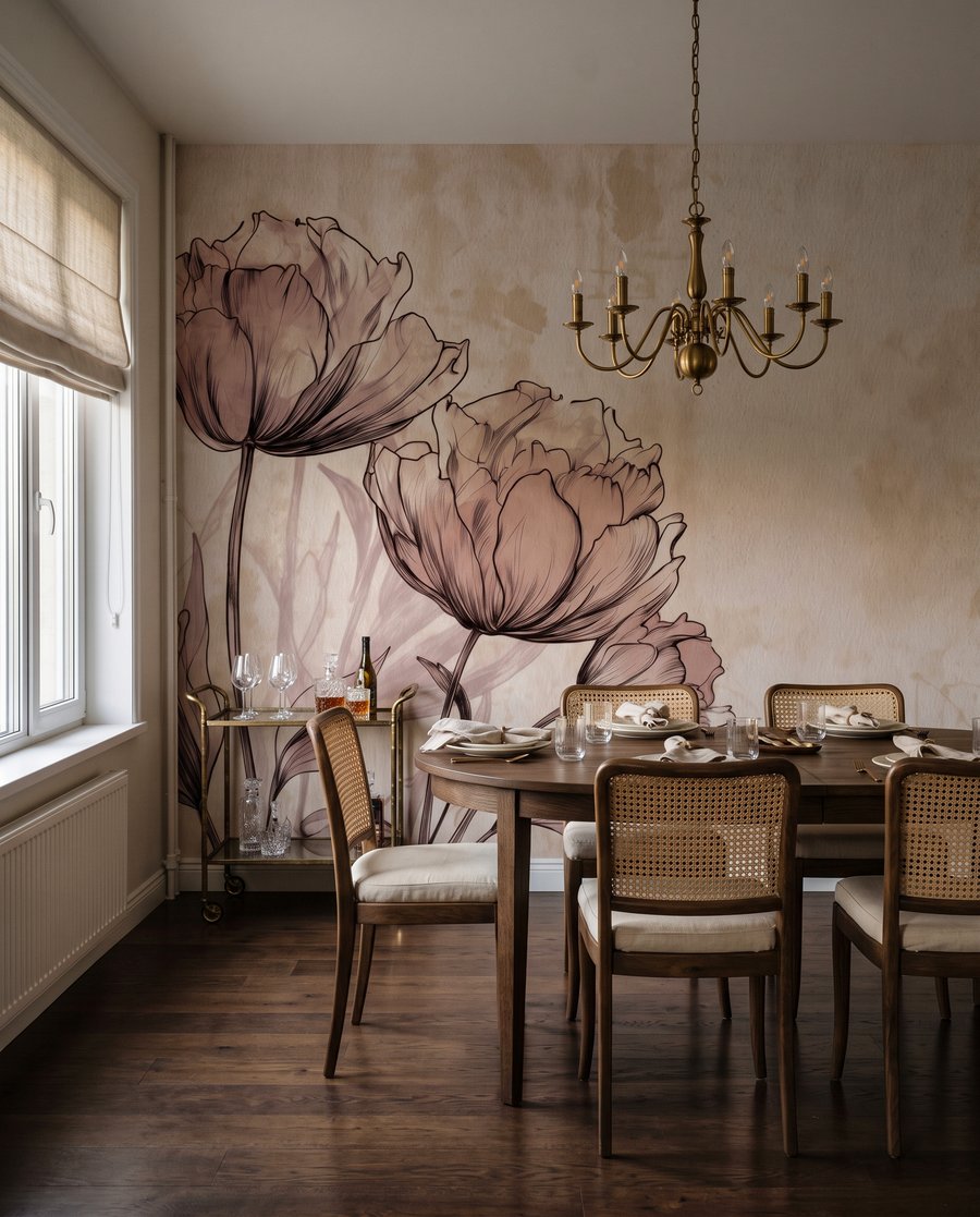 Bloemlijnen op verweerd beige in een interieur