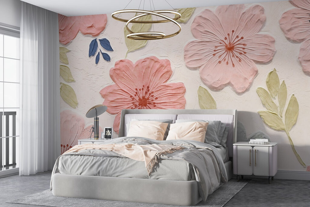 Roze bloemen met bladreliëf — interieur 1