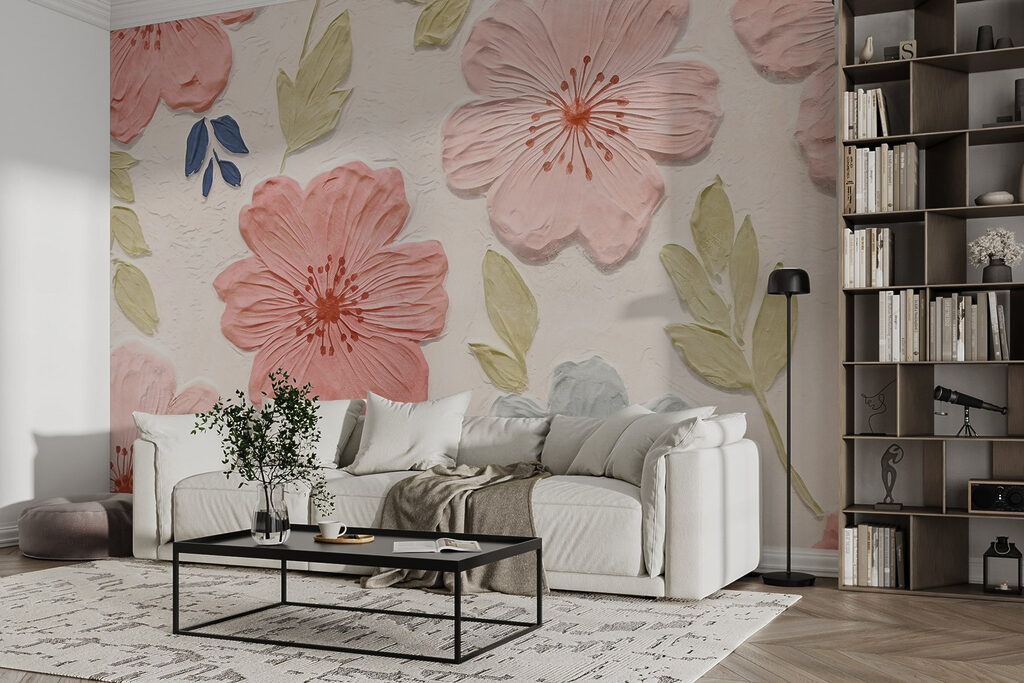 Roze bloemen met bladreliëf — interieur 2