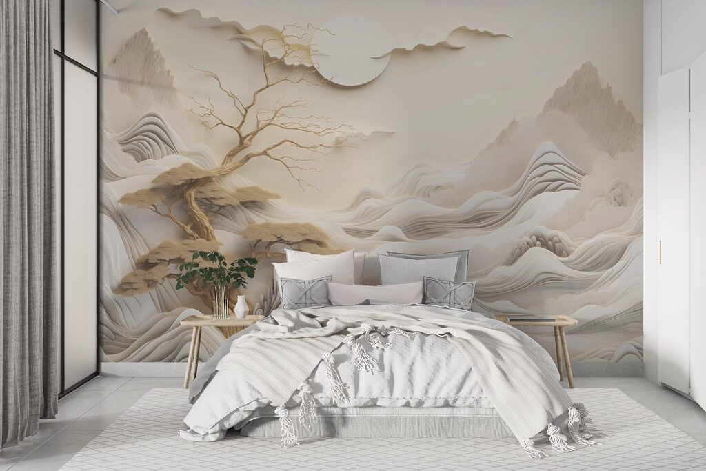 Boom en bergen met wolken en zon — interieur 1