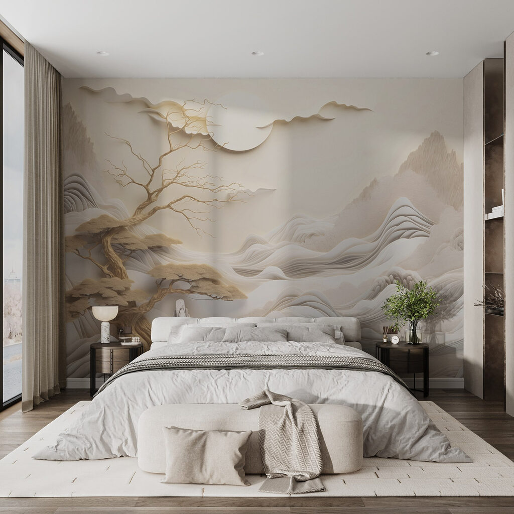Boom en bergen met wolken en zon — interieur 2