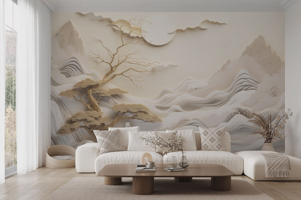Boom en bergen met wolken en zon — interieur 3