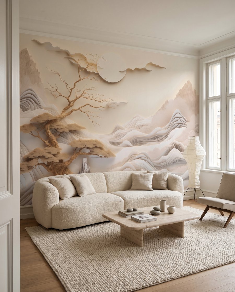 Gouden boom tussen berglagen in een interieur