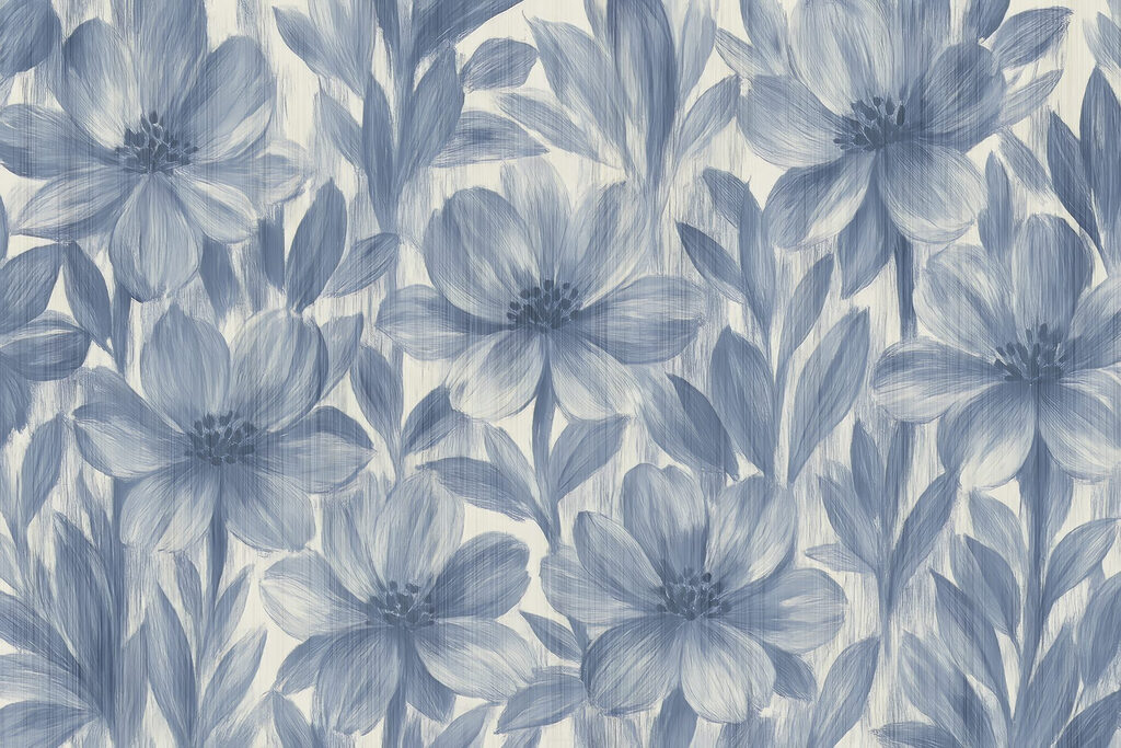 Blauwe bloemen als penseelprint — volledig ontwerp