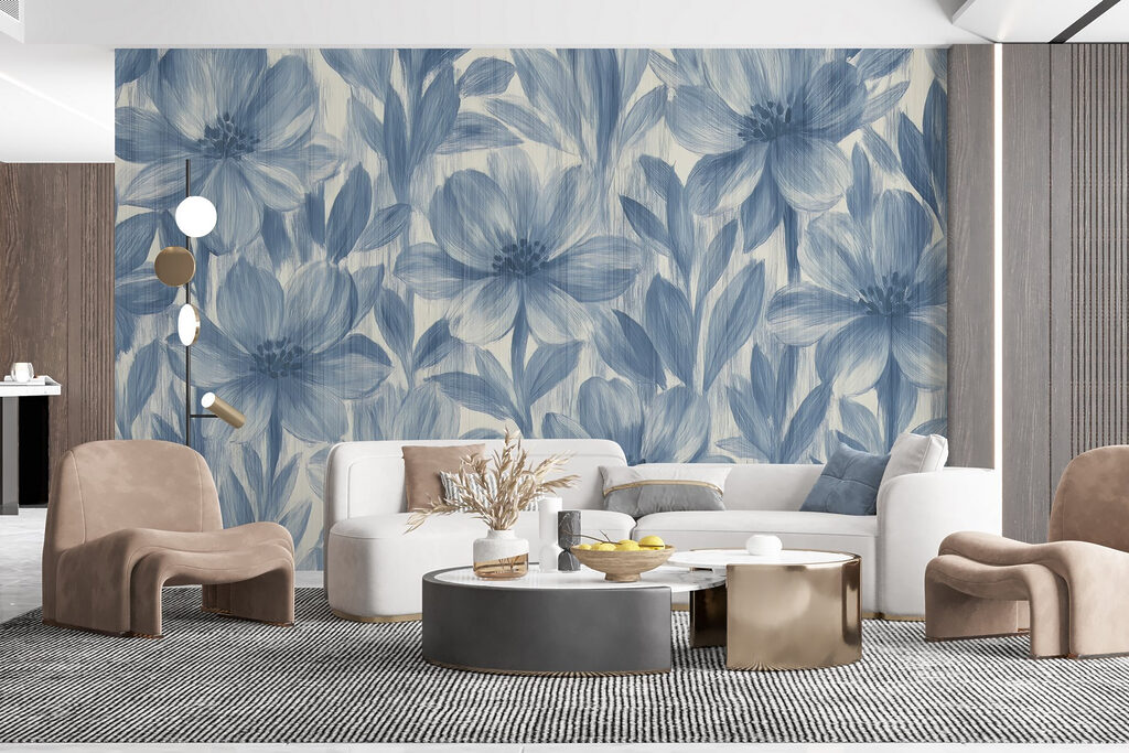 Blauwe bloemen als penseelprint — interieur 1