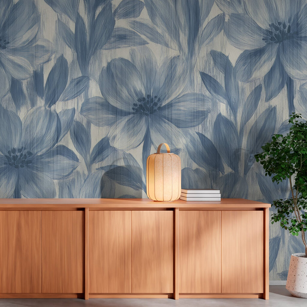 Blauwe bloemen als penseelprint — interieur 2