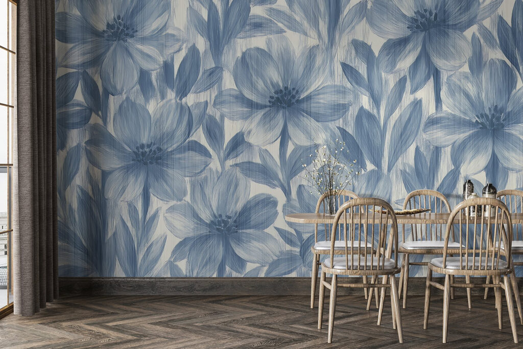 Blauwe bloemen als penseelprint — interieur 3