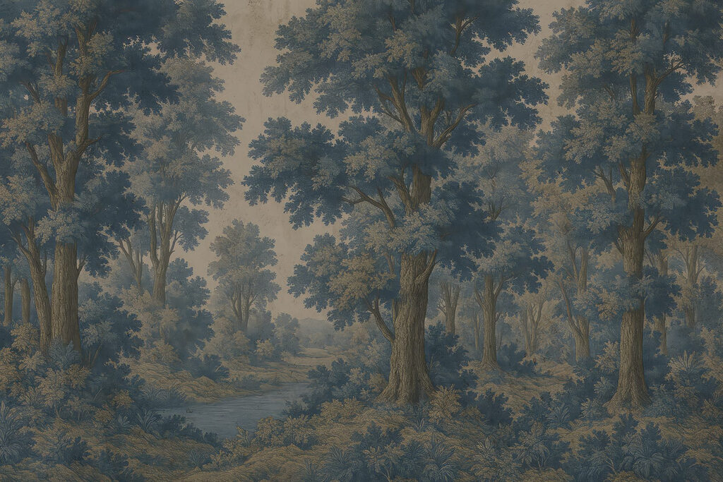 Gouden nevel tussen bosbomen — volledig ontwerp