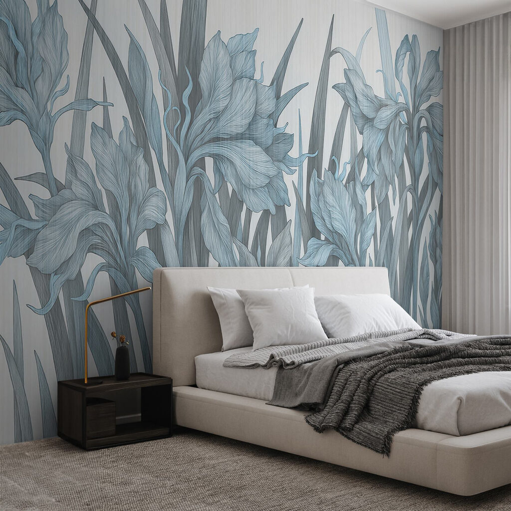 Lichtblauwe irissen op wit — interieur 1