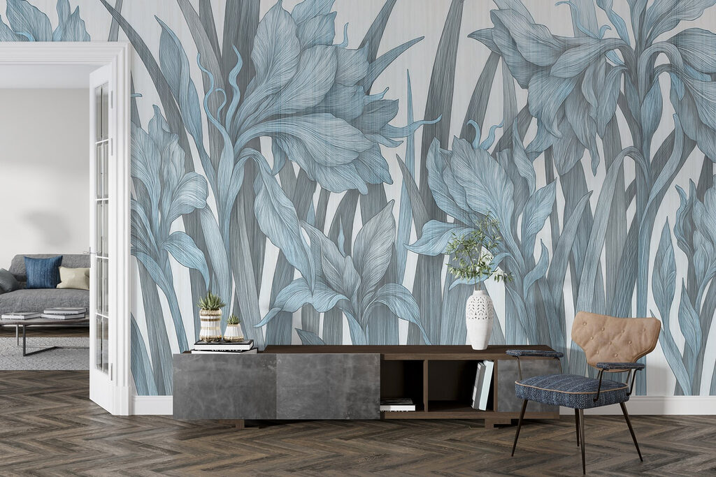 Lichtblauwe irissen op wit — interieur 2