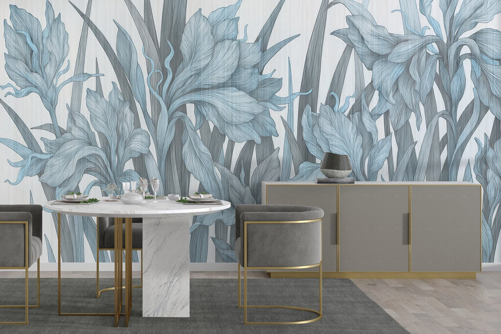 Lichtblauwe irissen op wit — interieur 3
