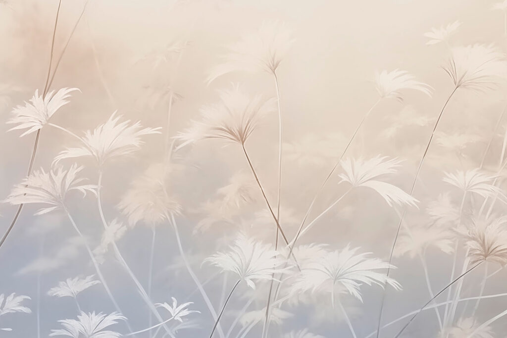 Witte veldbloemen in pastellicht — volledig ontwerp