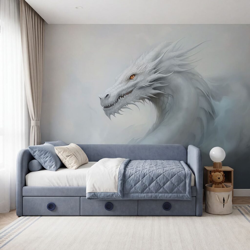 Witte draak in de wolken in een interieur