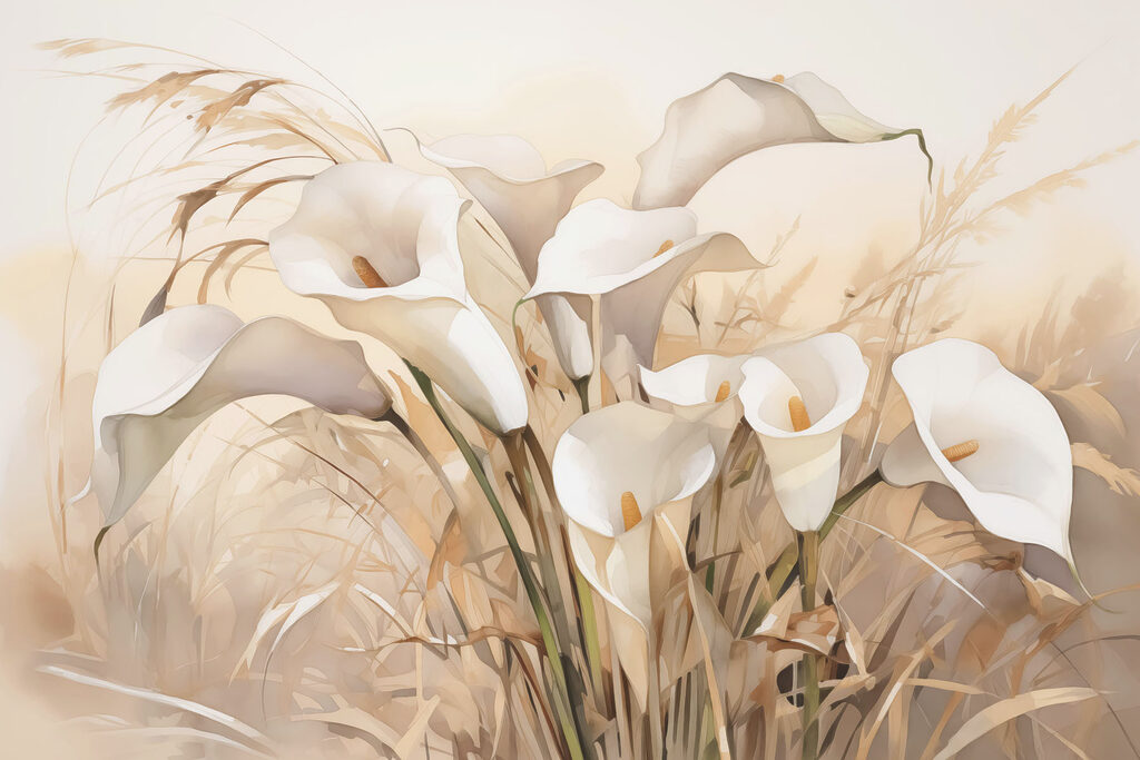 Witte kelkbloemen tussen grassen — volledig ontwerp