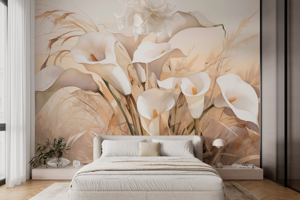 Witte kelkbloemen tussen grassen — interieur 1