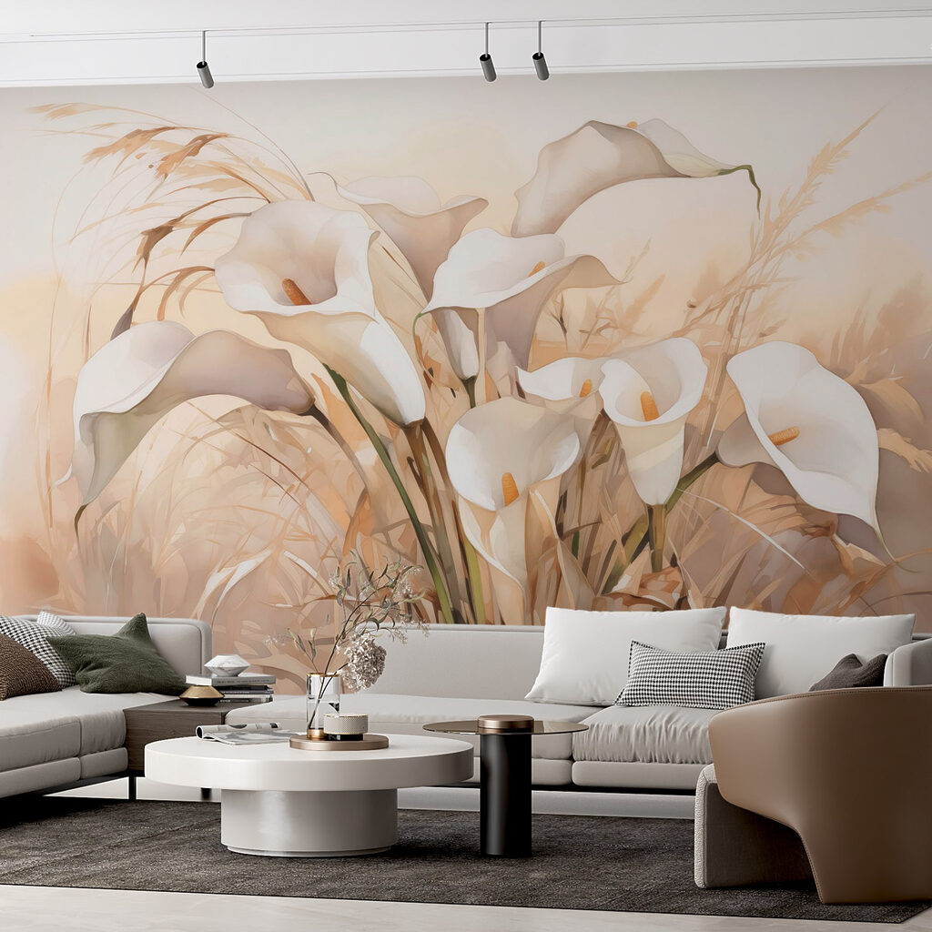 Witte kelkbloemen tussen grassen — interieur 2