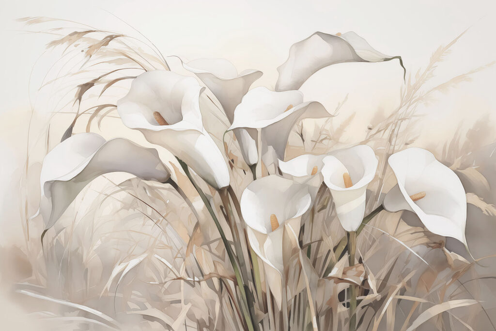 Witte kelken tussen halmen — volledig ontwerp