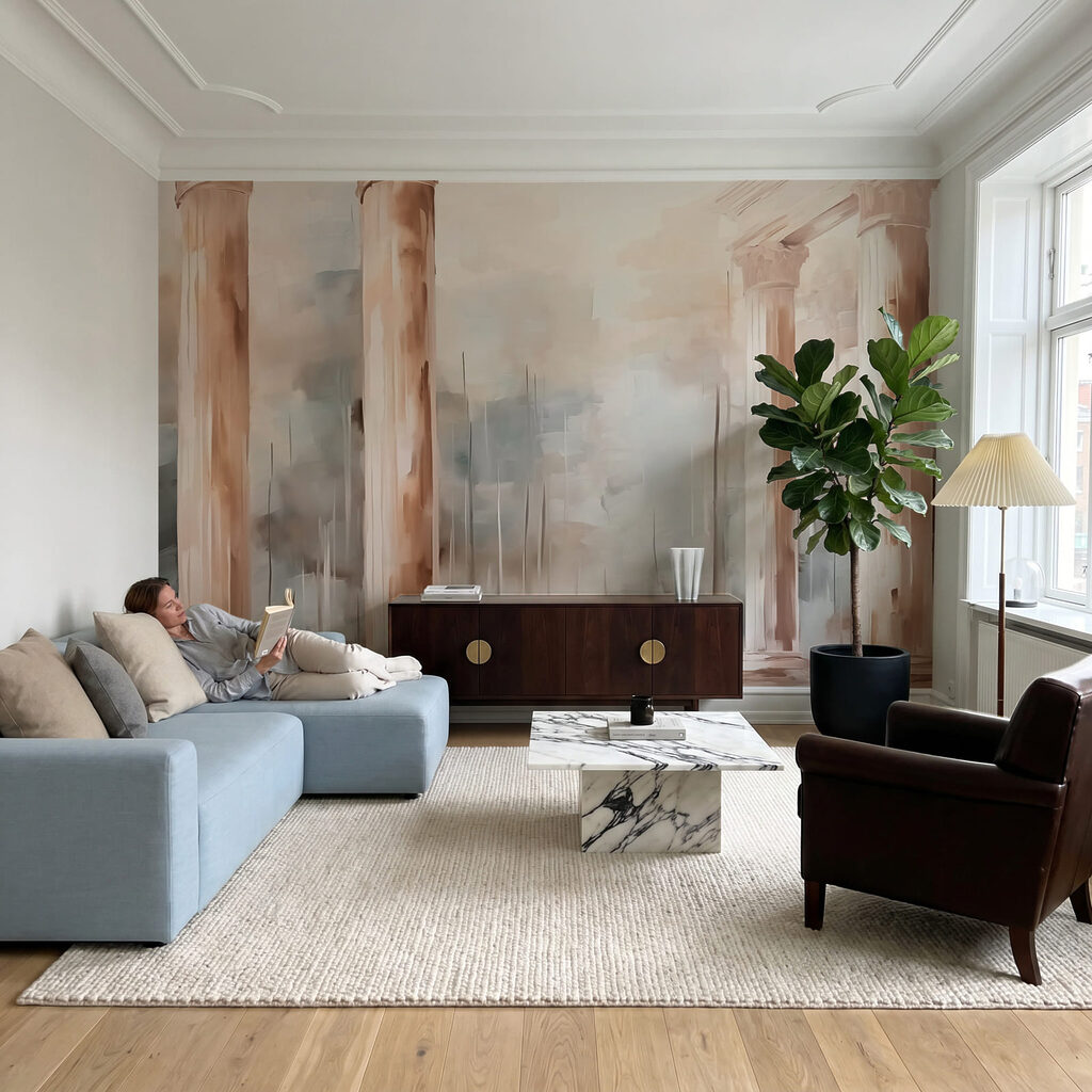 Roze zuilen voor verfvakken — interieur 2