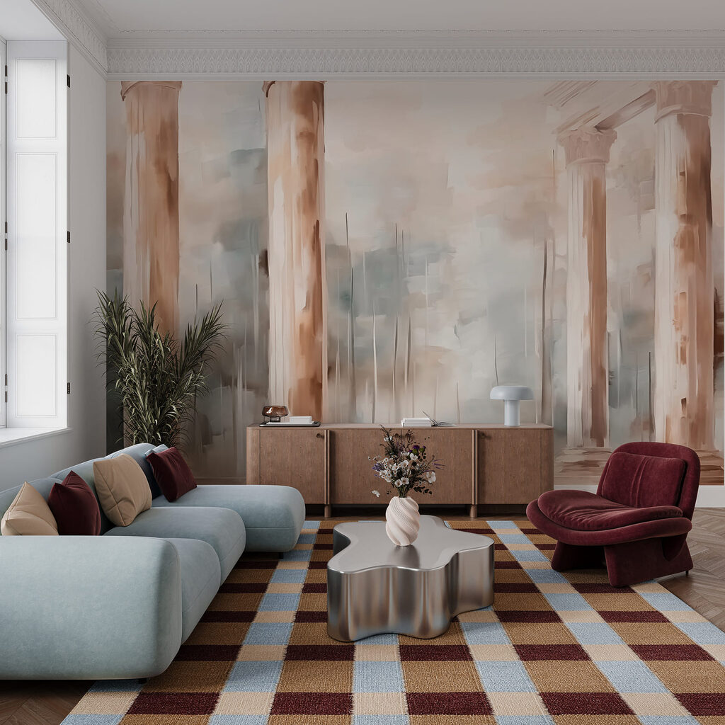 Roze zuilen voor verfvakken — interieur 1