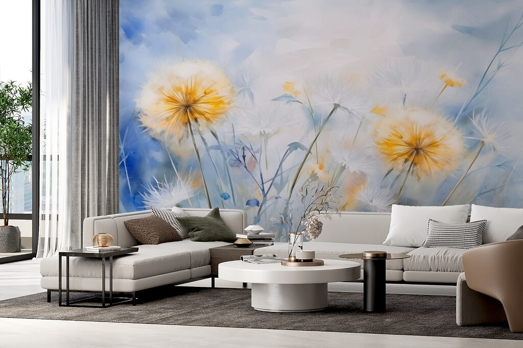 Gele zaadpluizen op blauw — interieur 1