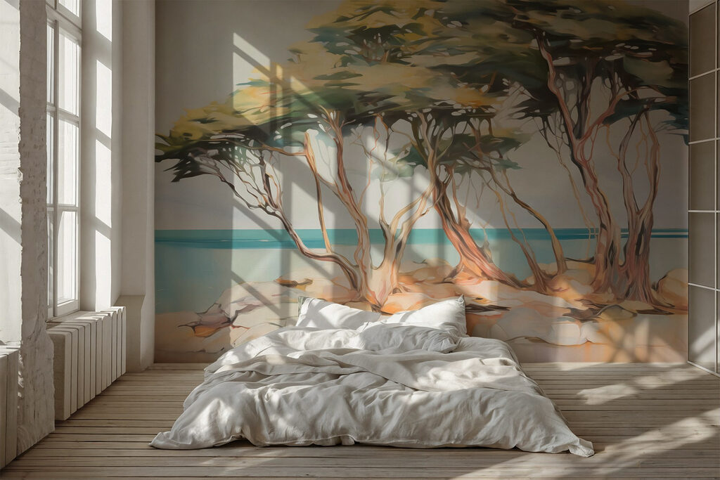 Bomen langs helderblauw water — interieur 1