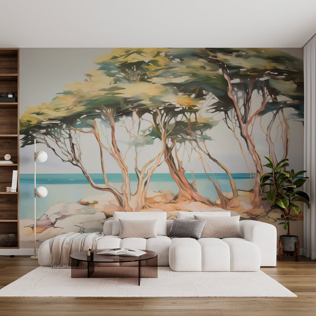 Bomen langs helderblauw water — interieur 2