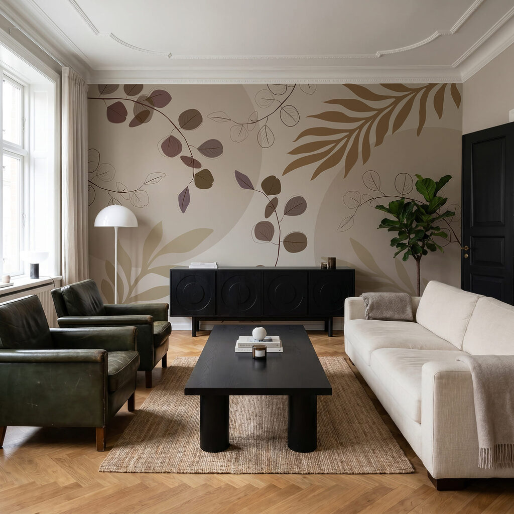 Bladprint in zachte natuurtinten — interieur 1