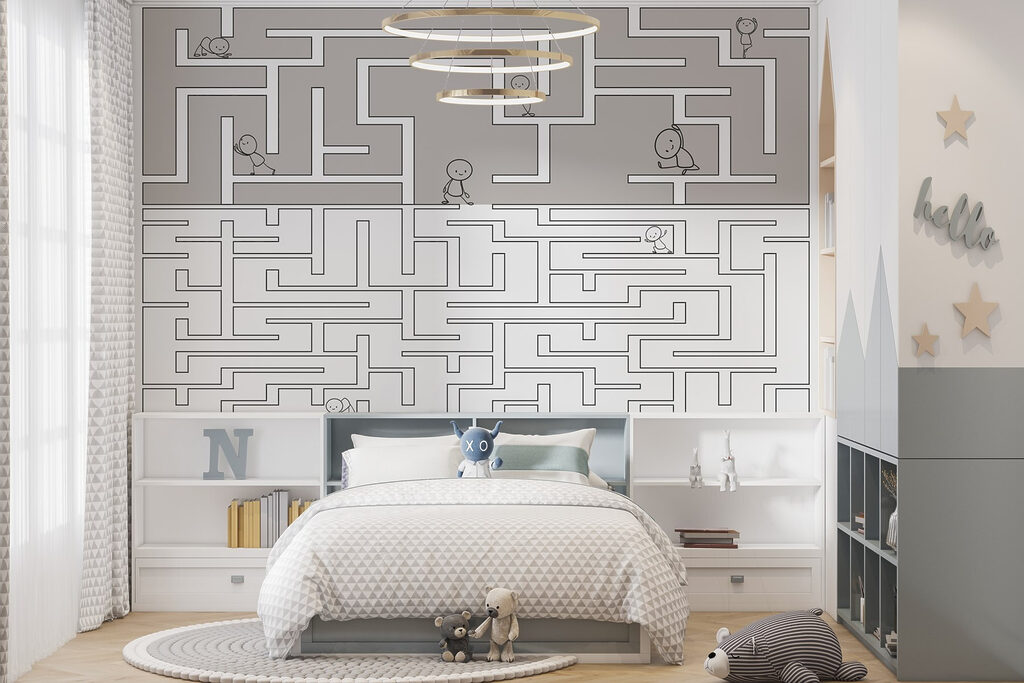 Doolhof met mensen die op de grond lopen in een interieur