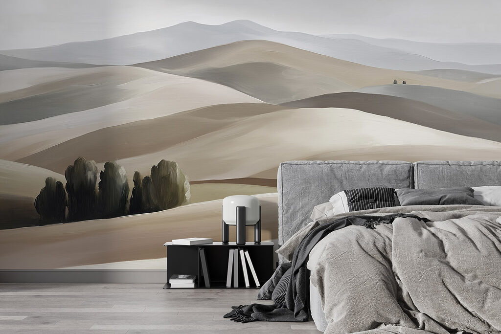 Landschap van heuvels en bomen in een interieur