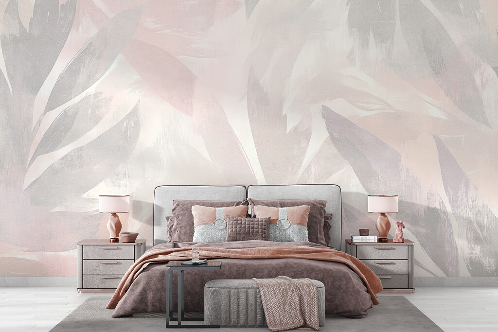 Witte en roze achtergrond met bladeren — interieur 1