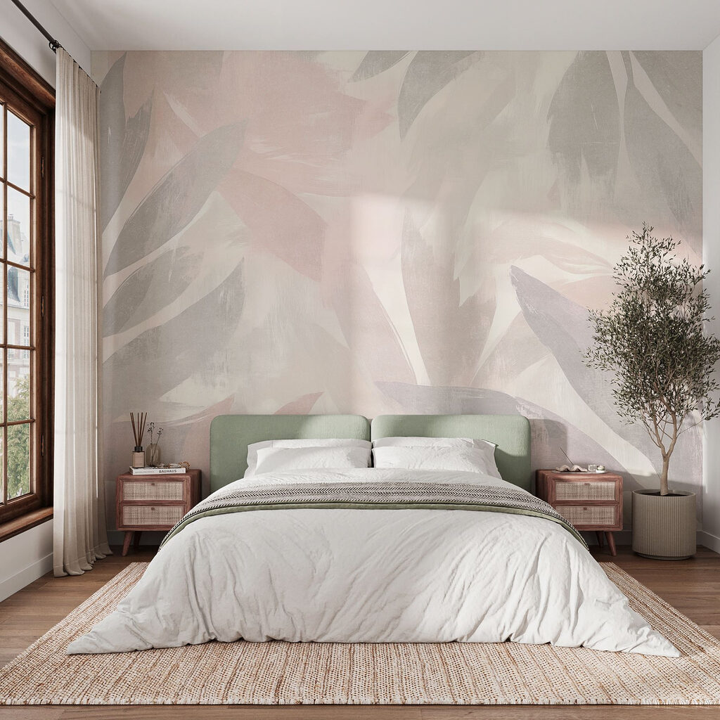 Witte en roze achtergrond met bladeren — interieur 2