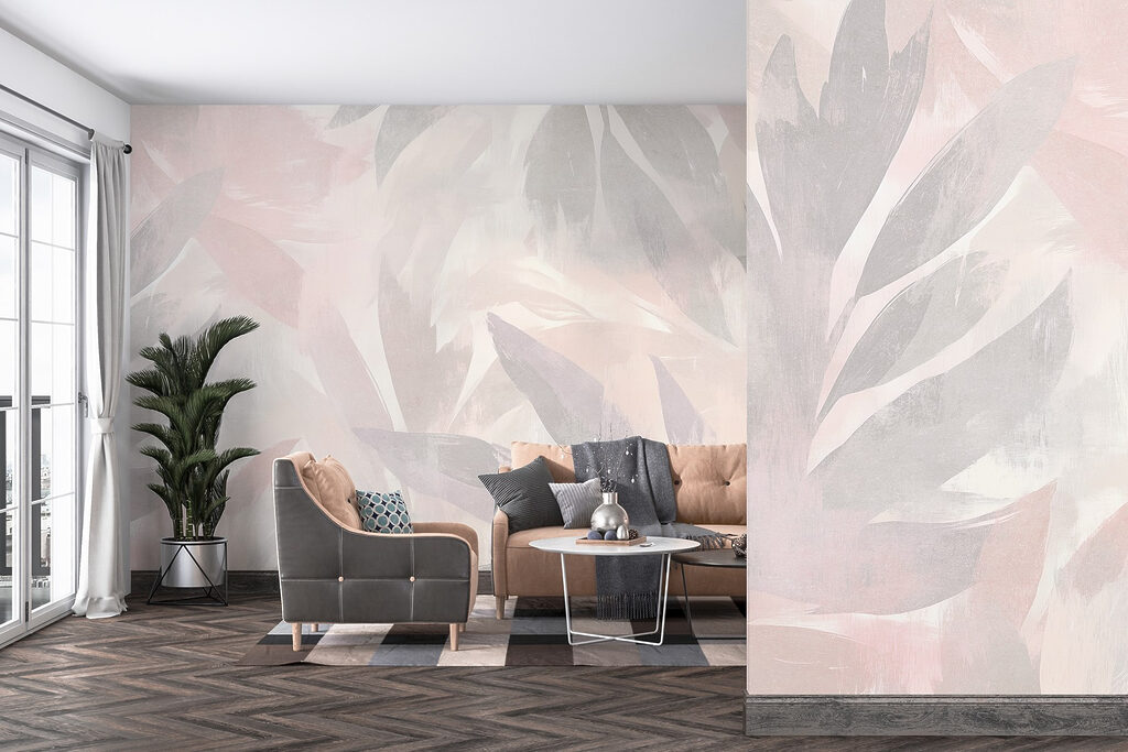 Witte en roze achtergrond met bladeren — interieur 3