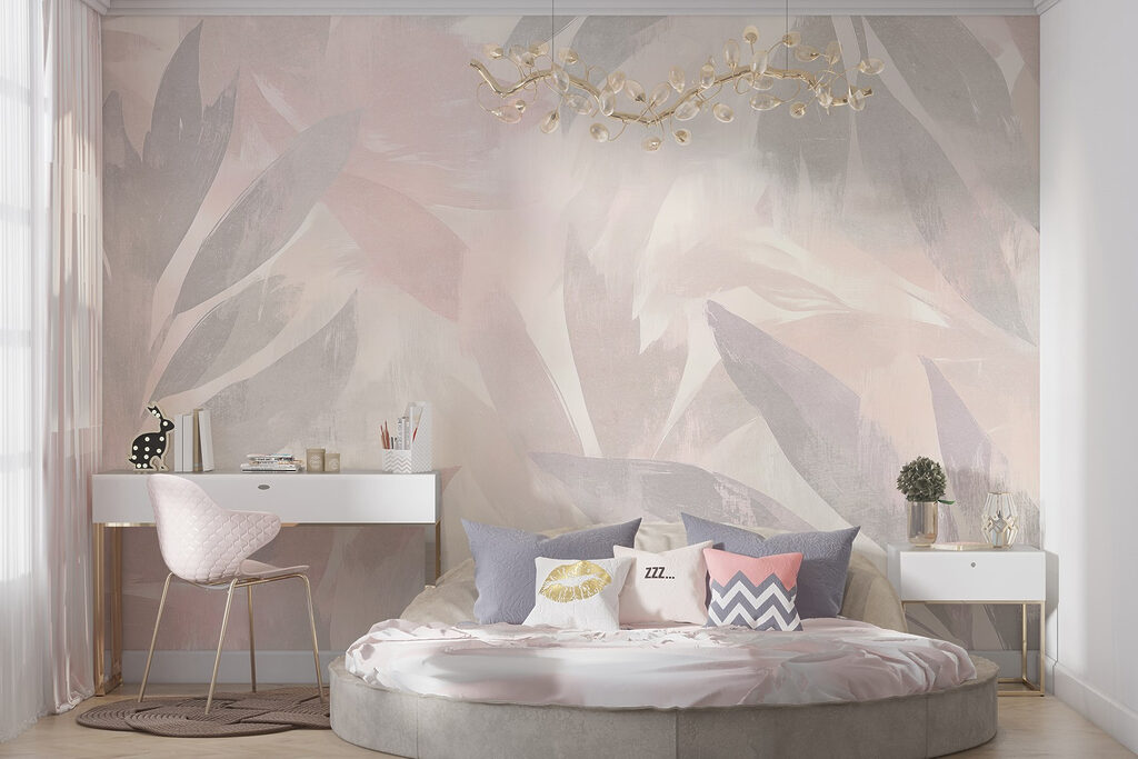 Witte en roze achtergrond met bladeren — interieur 4